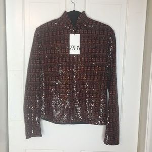 Zara Wm Sz/M Blogger's Fav Sequin Back Zip Blouse